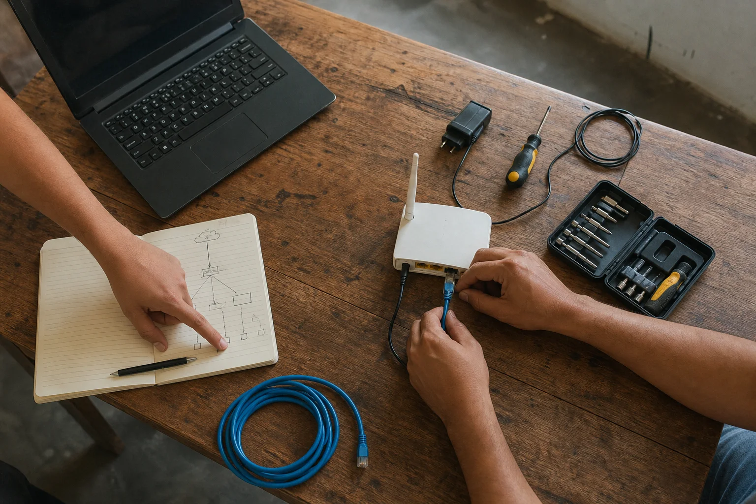 Manos colaborando en la planeación de una instalación tecnológica