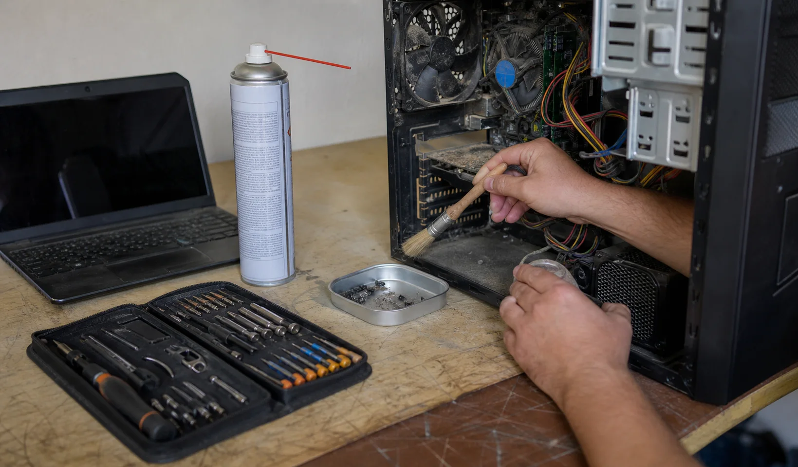 Manos realizando mantenimiento preventivo a una computadora