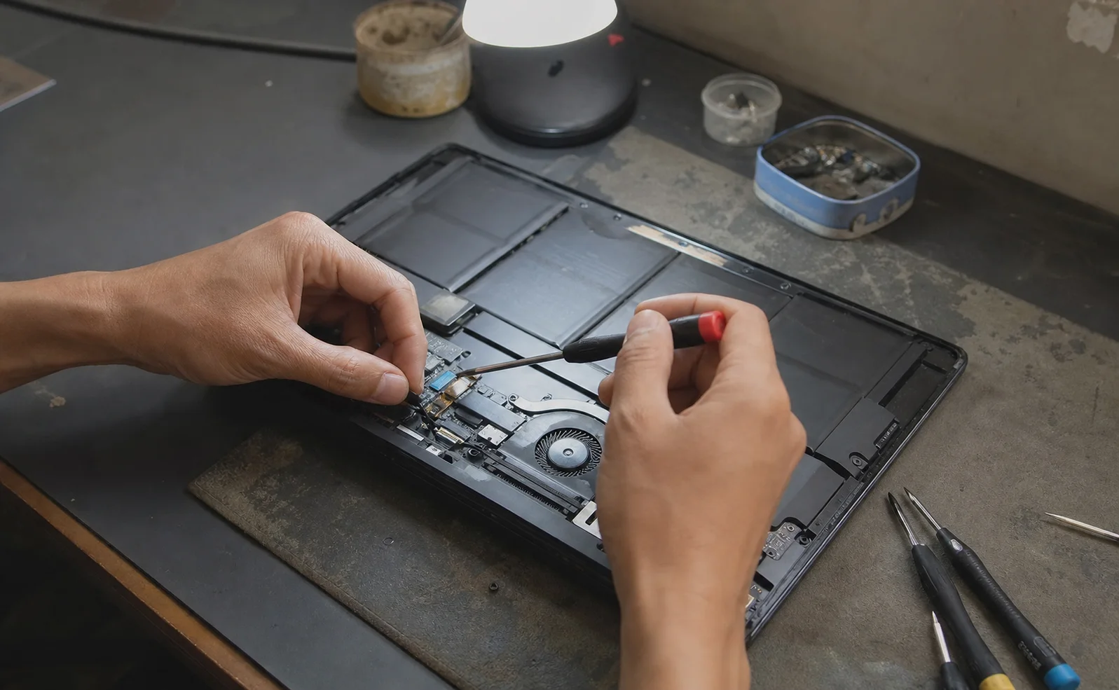 Manos reparando una computadora portátil en una mesa de trabajo